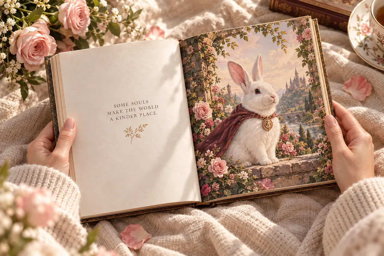 Hands opening an illustrated keepsake book featuring a white rabbit in an enchanted rose garden