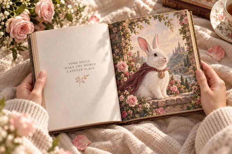 An illustrated rabbit story held gently in an open book