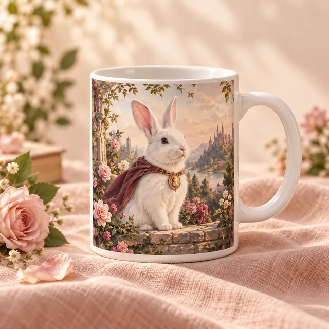 White ceramic mug with a watercolor white rabbit