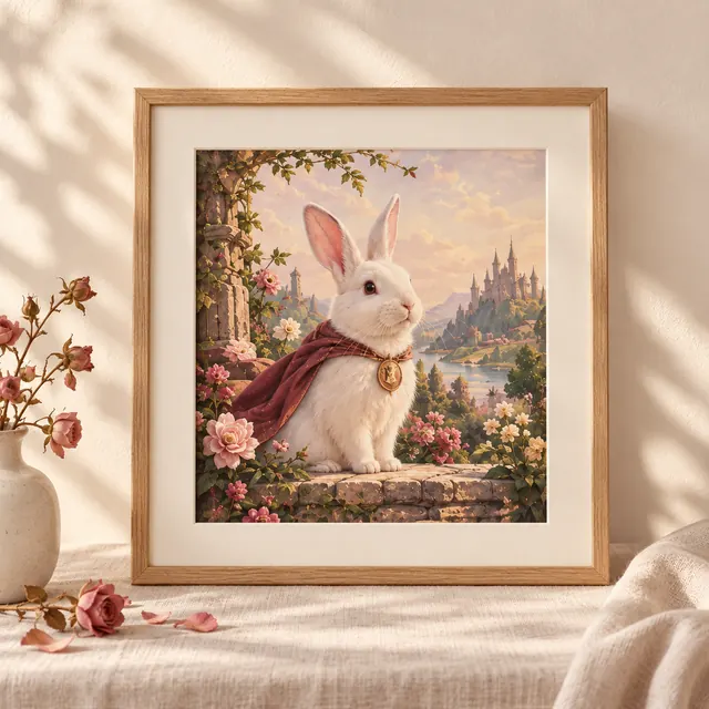 Framed watercolor portrait of a white rabbit in a rose garden