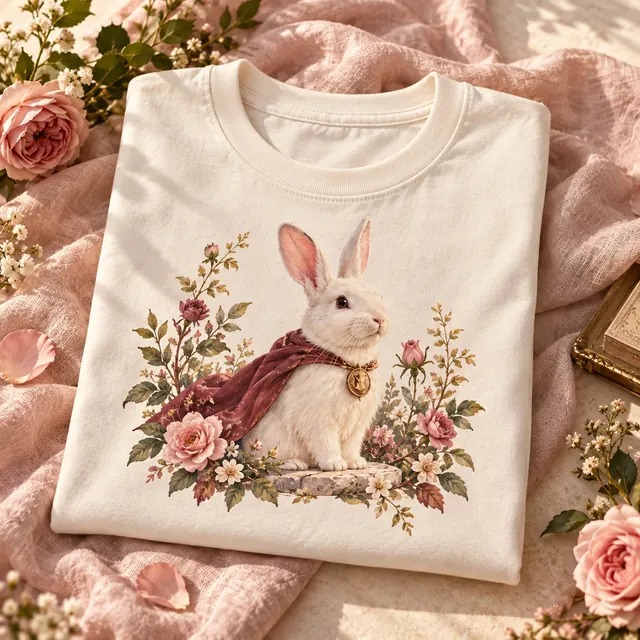 Cream cotton shirt with an illustrated white rabbit