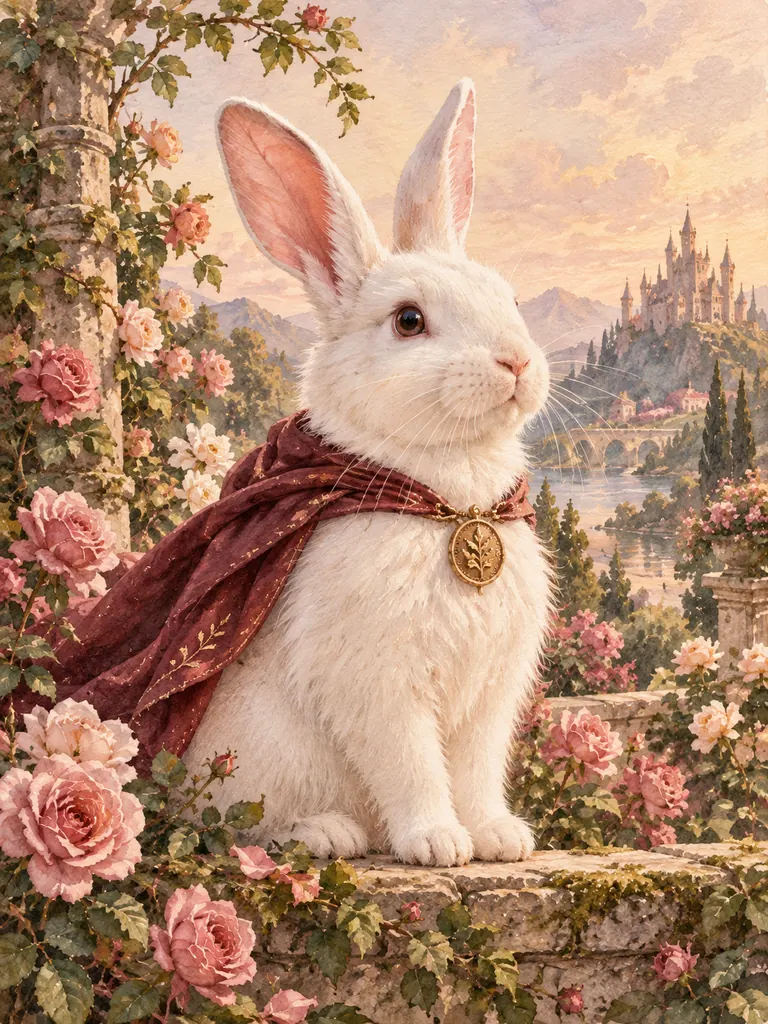 White rabbit reimagined in a burgundy cloak in a rose garden